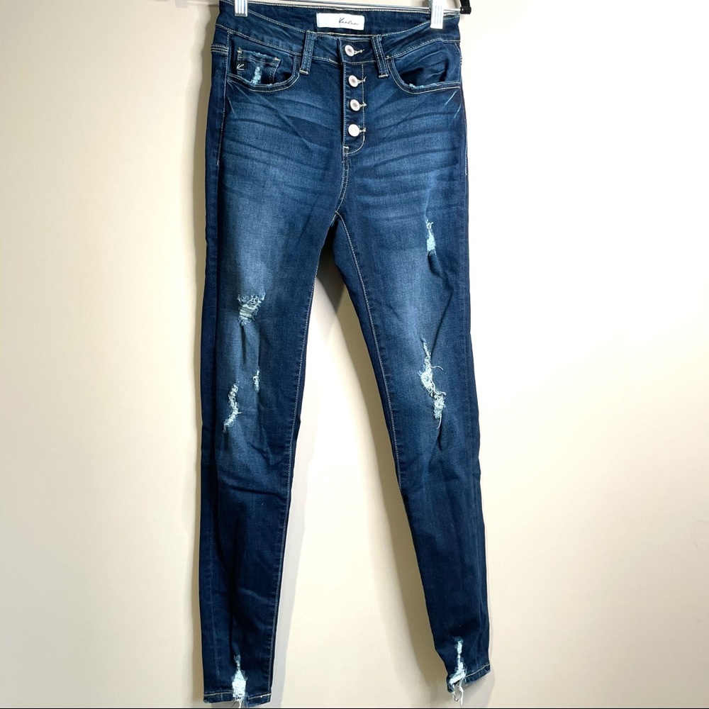 KanCan Women's Skinny Distressed Blue Jeans - Picture 3 of 8